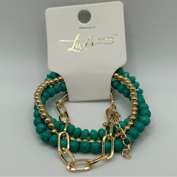 Linda New York - Quality Made Gold and Turquoise Beaded Bracelet Set - Picture 1 of 9